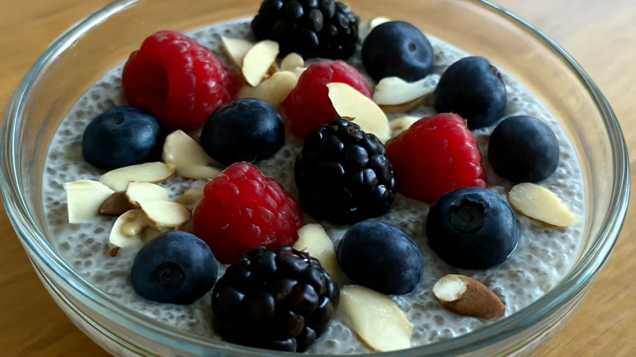 Budino di semi di chia con frutti di bosco e mandorle"