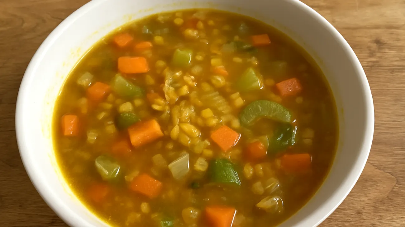 Zuppa di lenticchie rosse decorticate con verdure e curcuma"